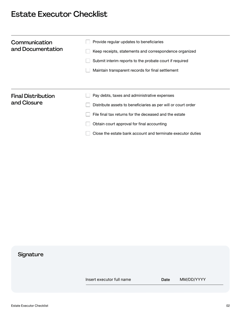 Estate Executor Checklist form listing tasks for probate filing, asset management, beneficiary communication and estate closure