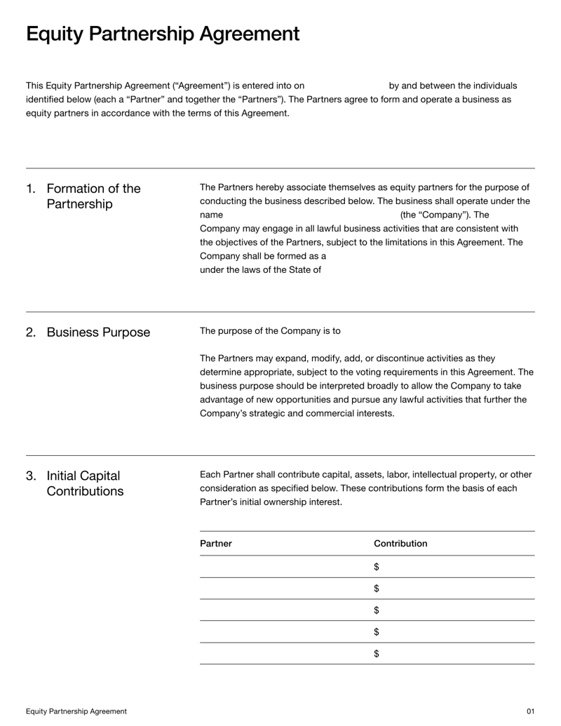 Equity Partnership Agreement defining ownership shares, profit distribution, management responsibilities, and obligations between partners under US law