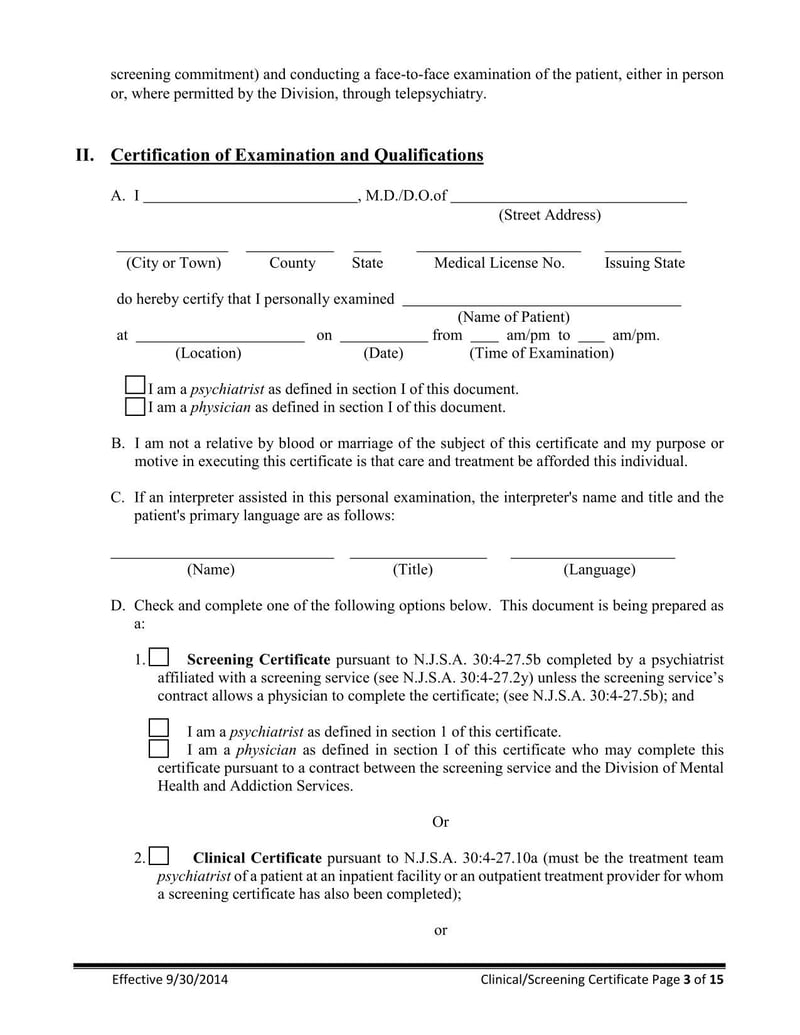 Large thumbnail of New Jersey Clinical Screening Certificate for Involuntary Commitment of Mentally Ill Adults