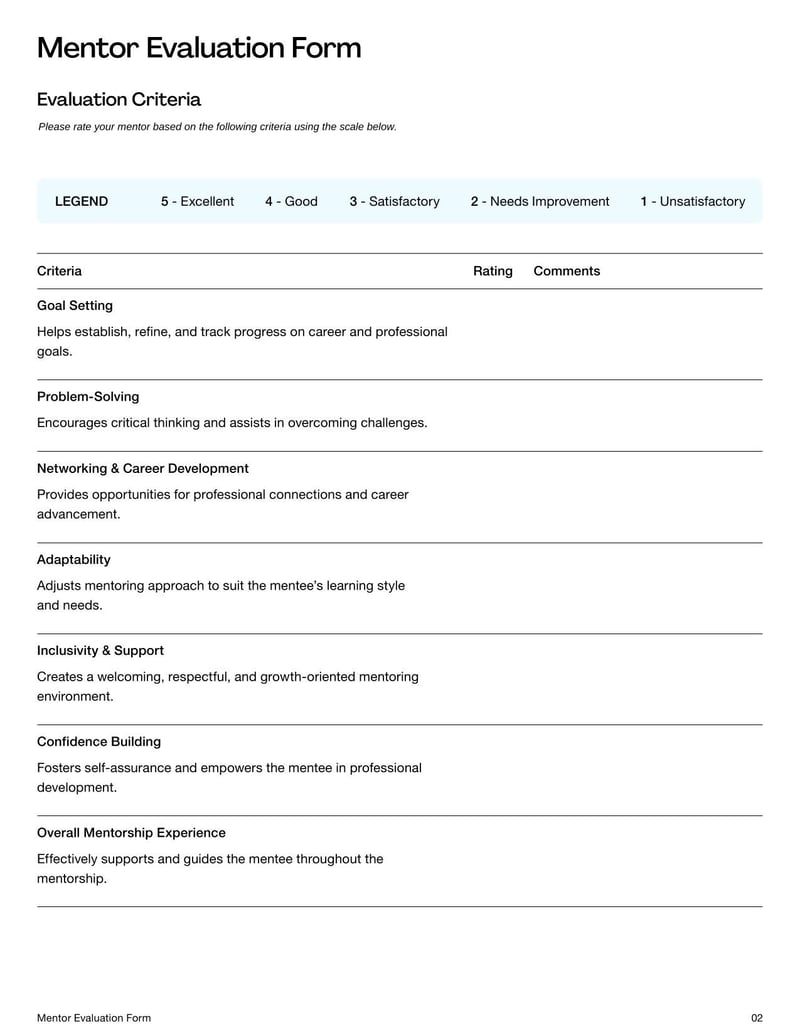 Mentor Evaluation Form for assessing a mentor’s effectiveness, guidance, and support in a professional setting