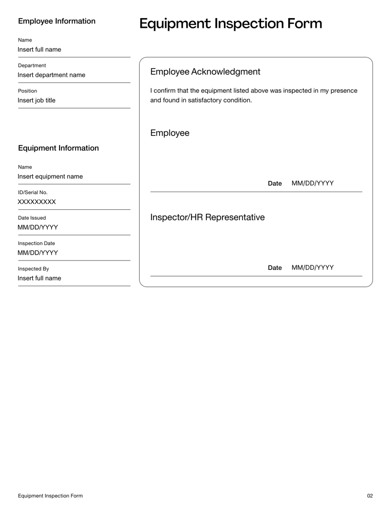 Equipment Inspection Form with sections for employee details, equipment condition, safety verification, follow-up actions and HR acknowledgment