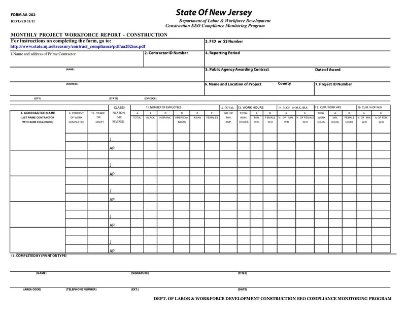 Large thumbnail of Monthly Project Workforce Report - Construction (FORM AA-202) - Oct 2011