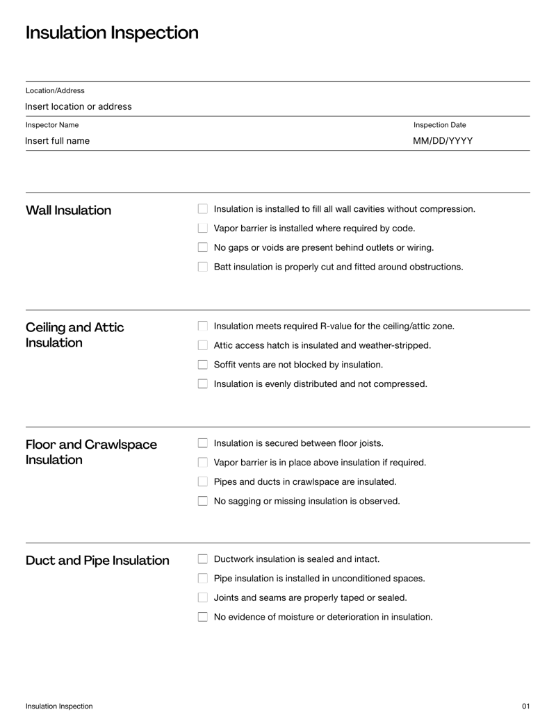 Insulation Inspection Checklist covering walls, attics, floors and ductwork for energy compliance