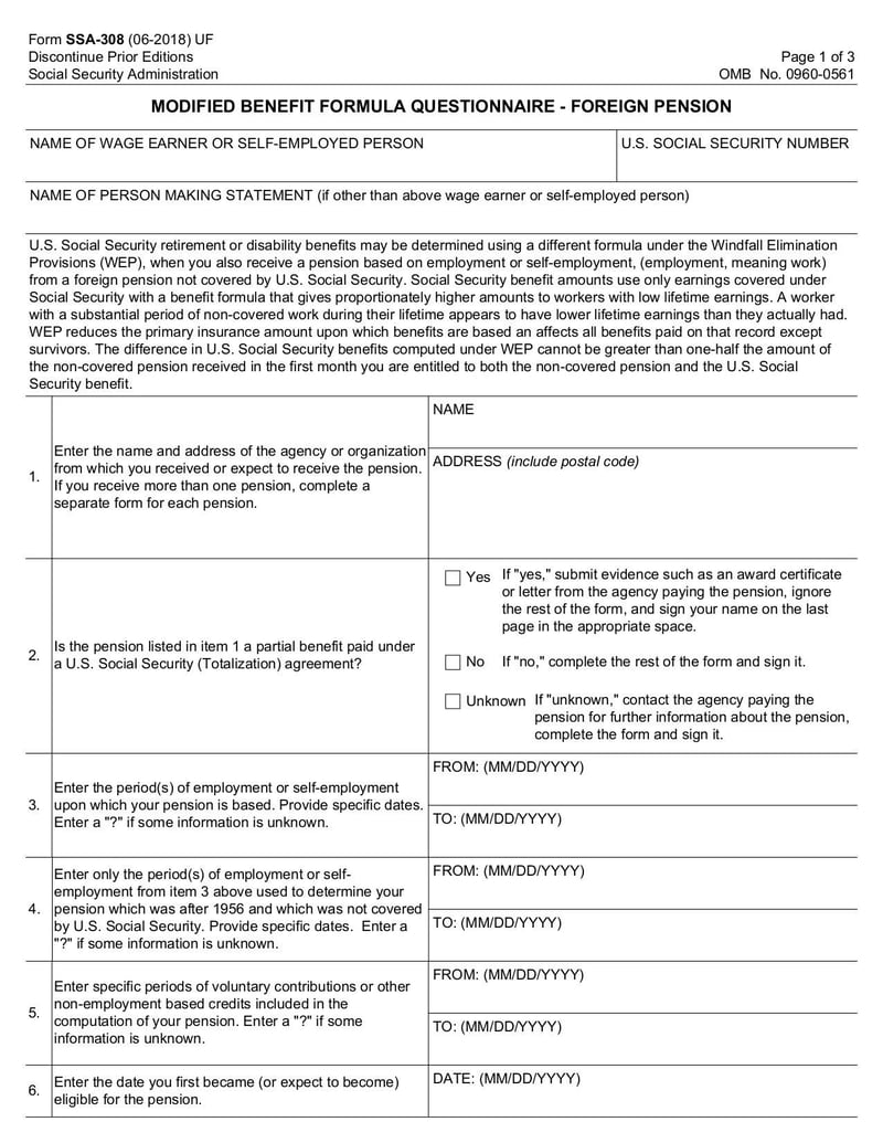 Large thumbnail of Form SSA-308 Modified Benefit Formula Questionnaire - Foreign Pension - Oct 2022
