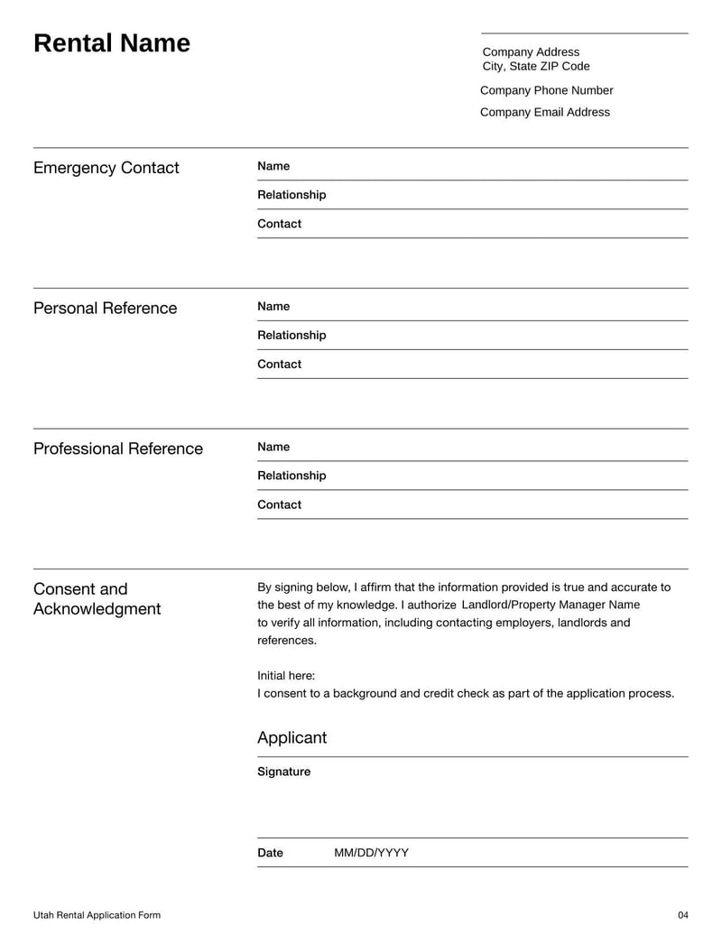 Rental Application Form Utah for renting residential property in Utah