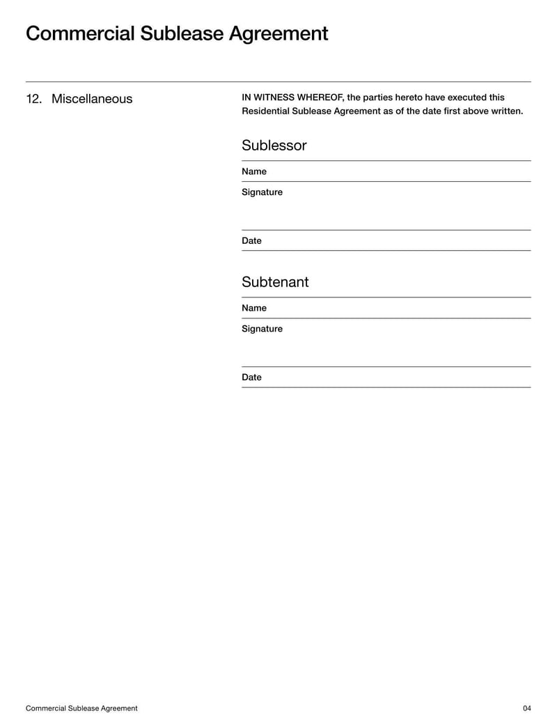 Commercial Sublease Agreement for subleasing business or retail space
