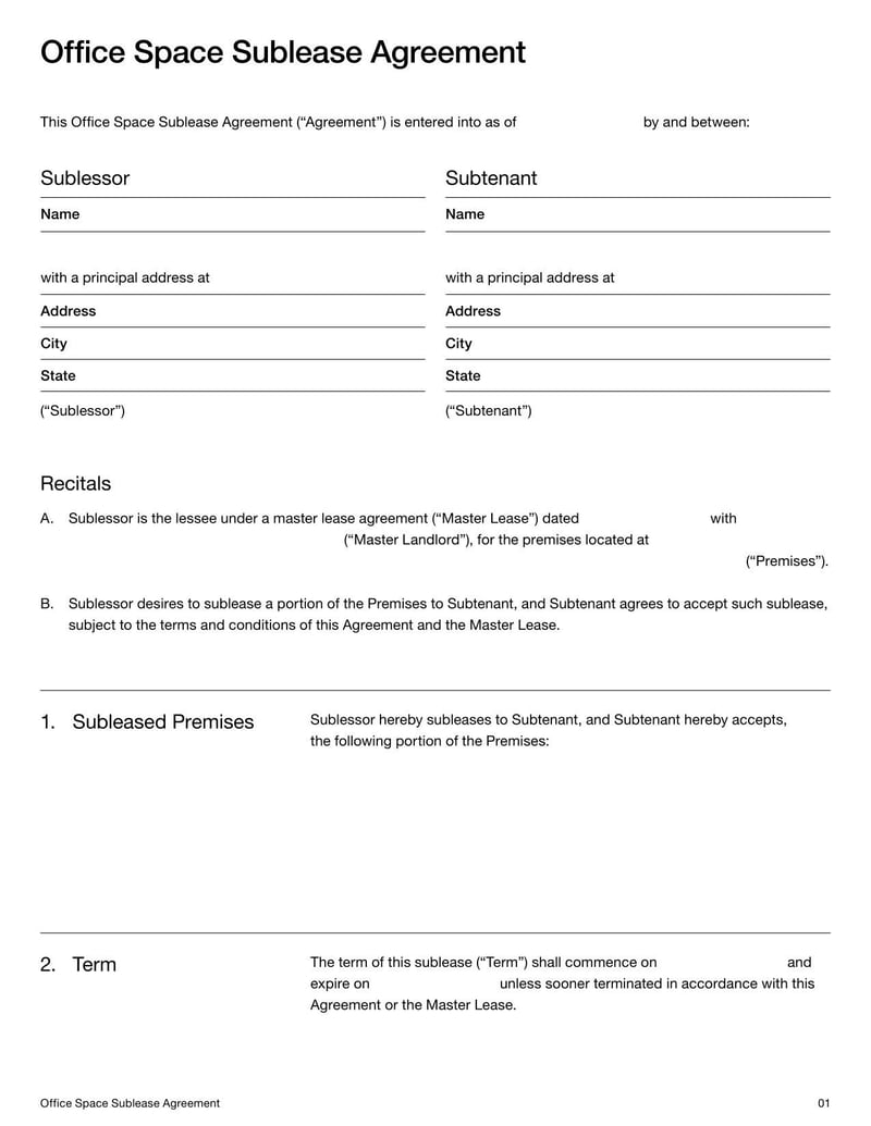 Office Space Sublease Agreement for subleasing commercial office space