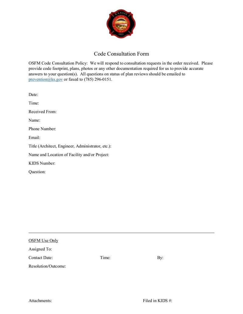 Large thumbnail of Kansas State Fire Marshal Code Consultation Form - Aug 2018