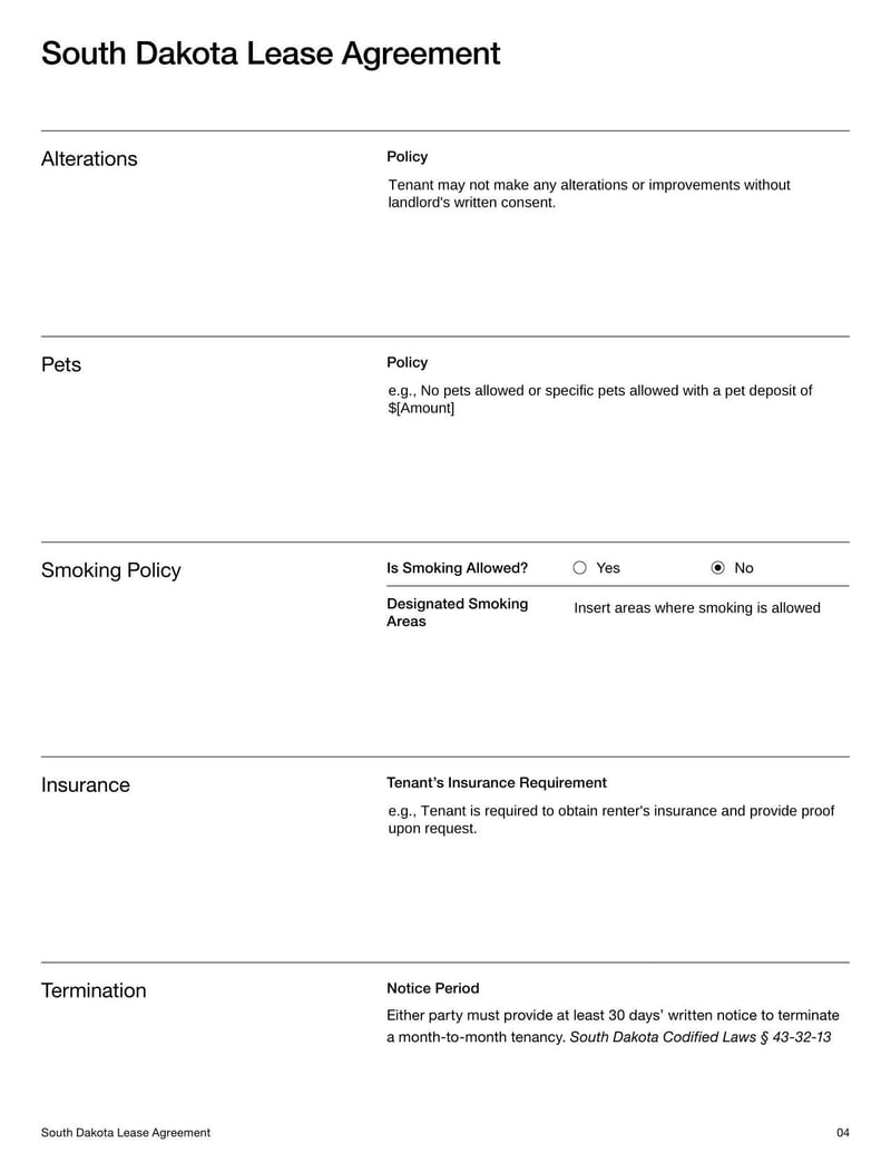 Large thumbnail of South Dakota Lease Agreement Template