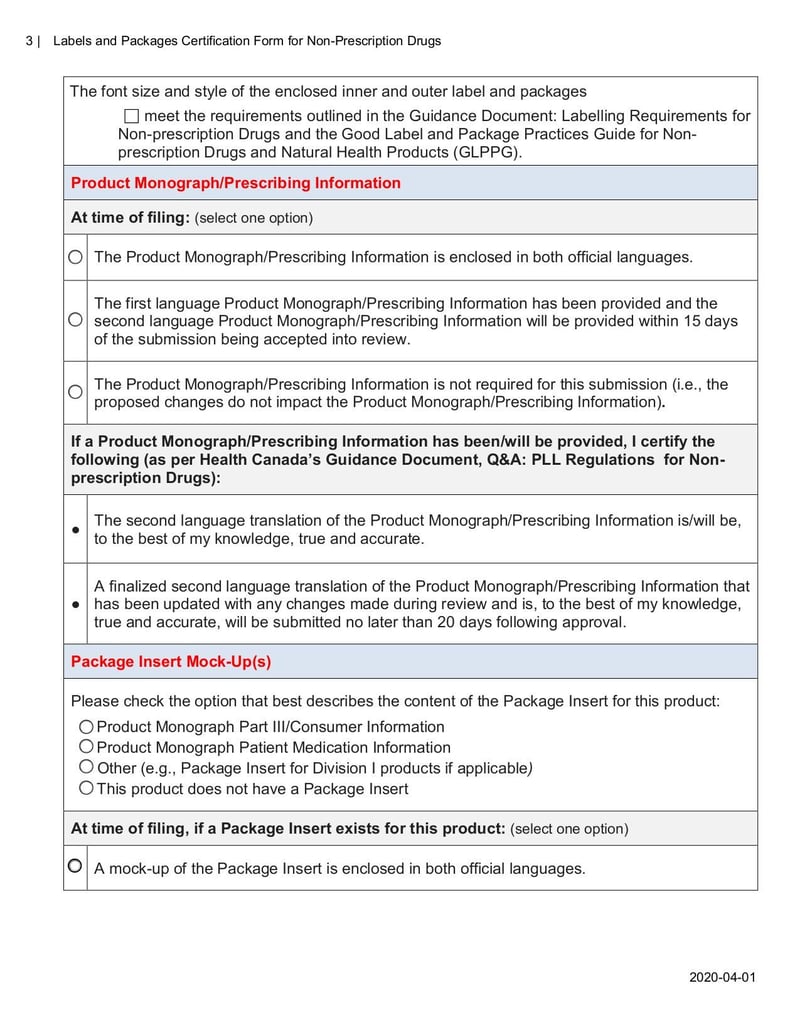 Thumbnail of Labels Packages Certification Form for Non-Prescription Drugs - Feb 2020 - page 2
