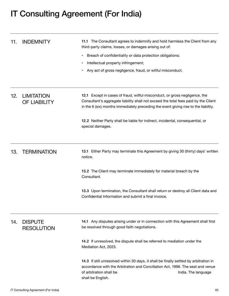 IT Consulting Services Agreement (India) outlining legal terms for IT services, data protection, and payment obligations.