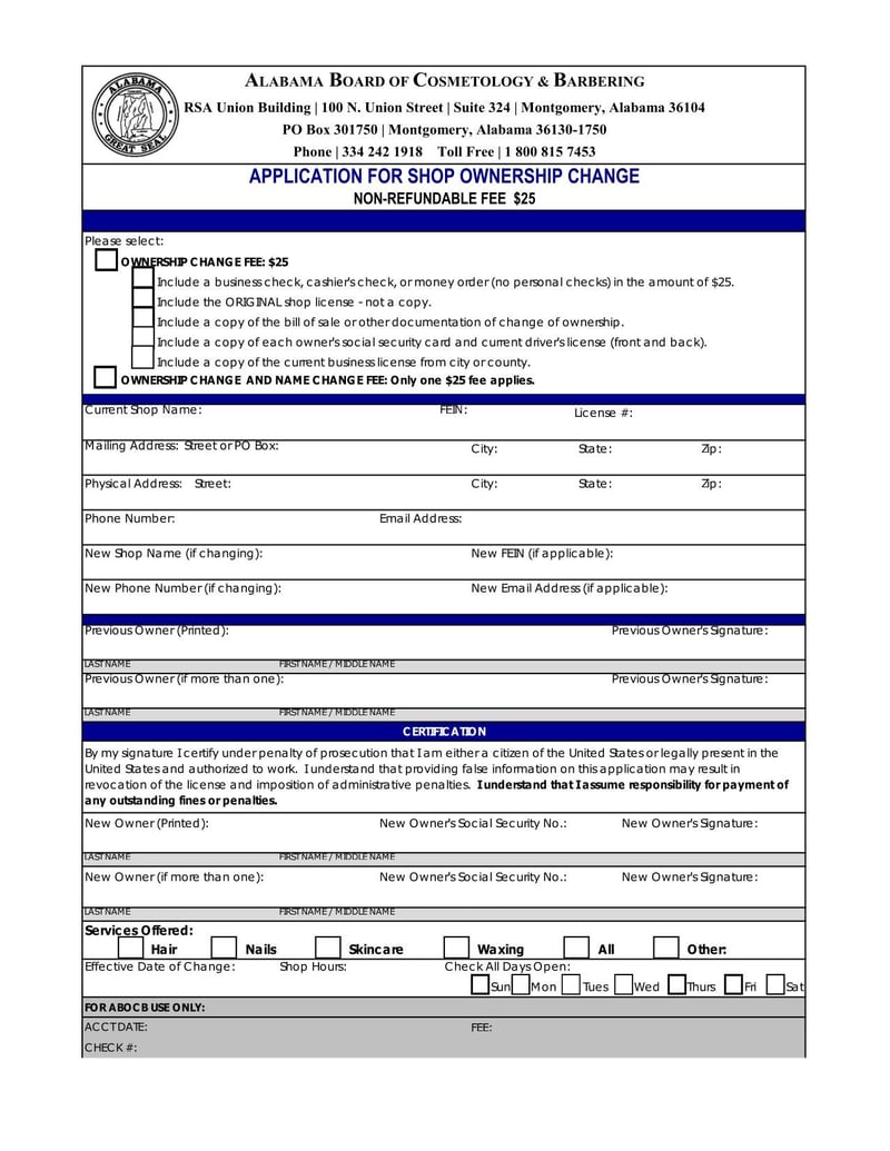 Large thumbnail of Alabama Application for Shop Ownership Change