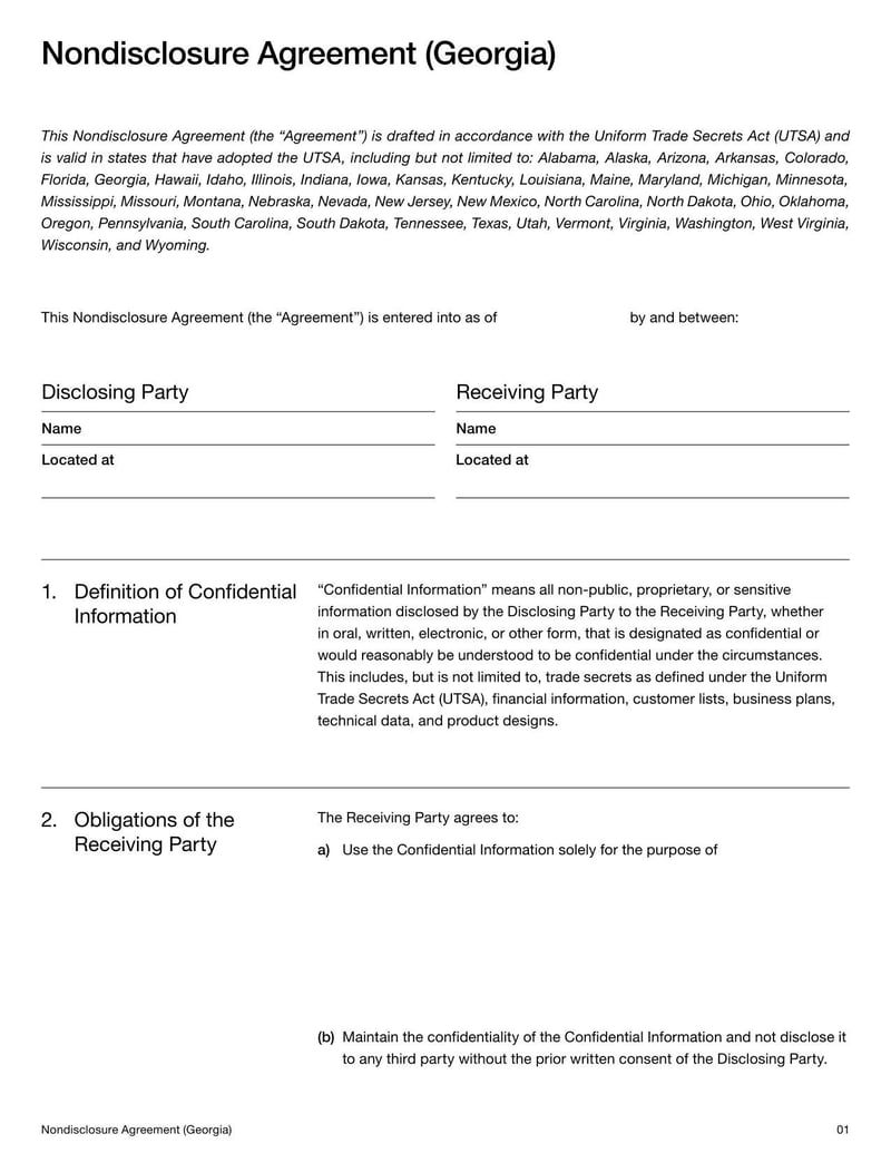 Georgia Nondisclosure Agreement document with confidentiality and nondisclosure terms