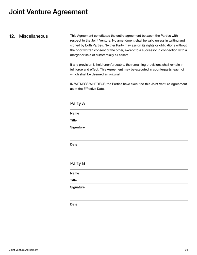 Joint Venture Agreement detailing contributions, ownership interests, profit-sharing and governance
