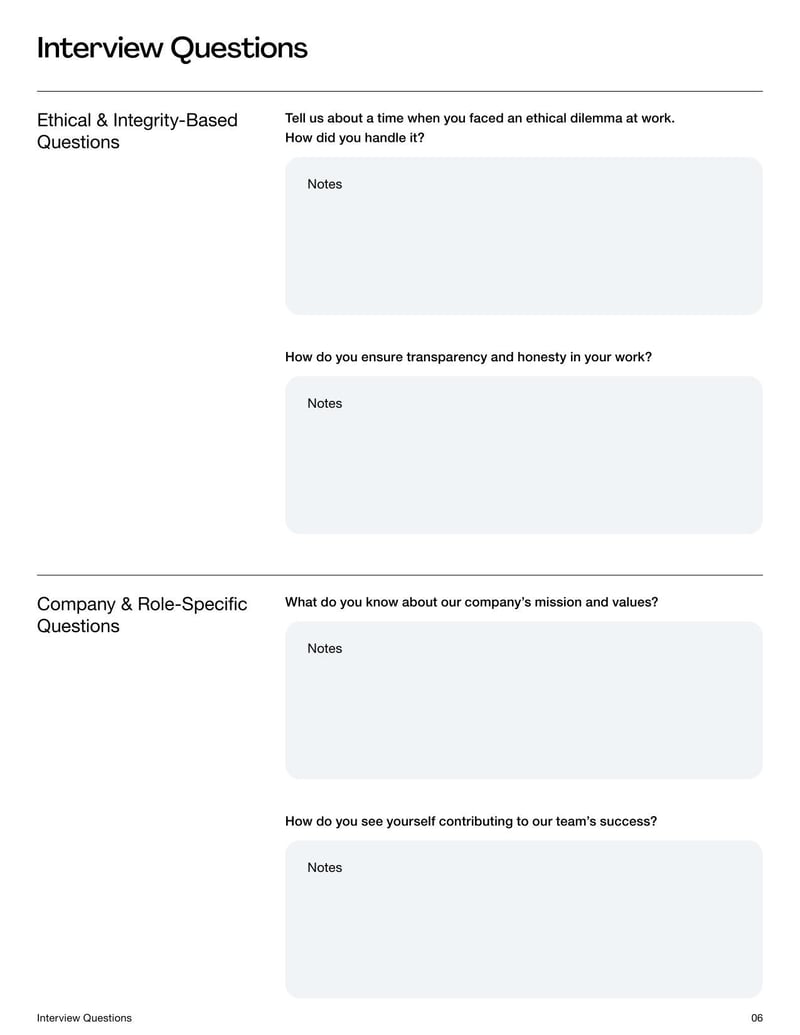 Interview Questions Template for structuring job interviews and evaluating candidates effectively