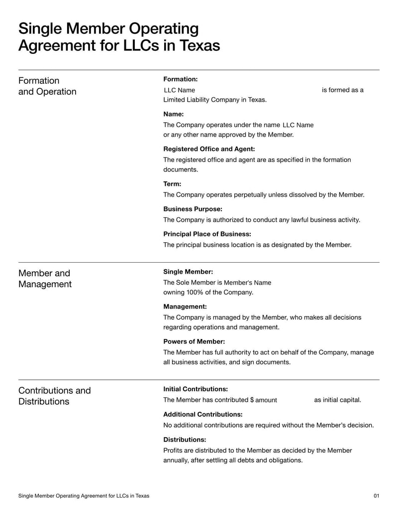 Single Member Operating Agreement for LLCs in Texas which defines structure and operations for a single-member Texas LLC