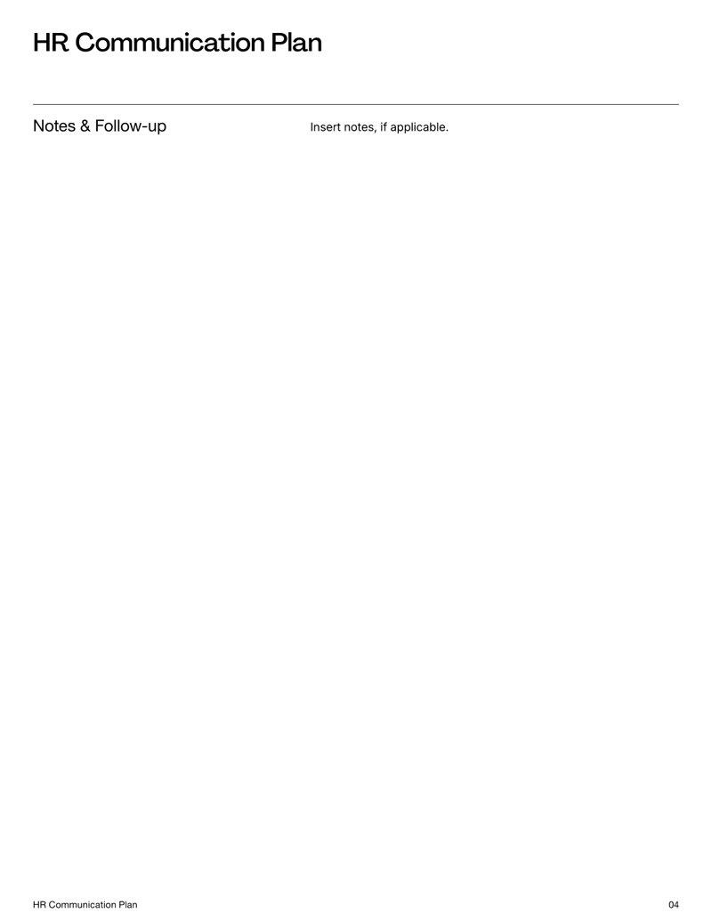 HR Communication Plan with sections for goals, audience, key messages, channels and evaluation metrics
