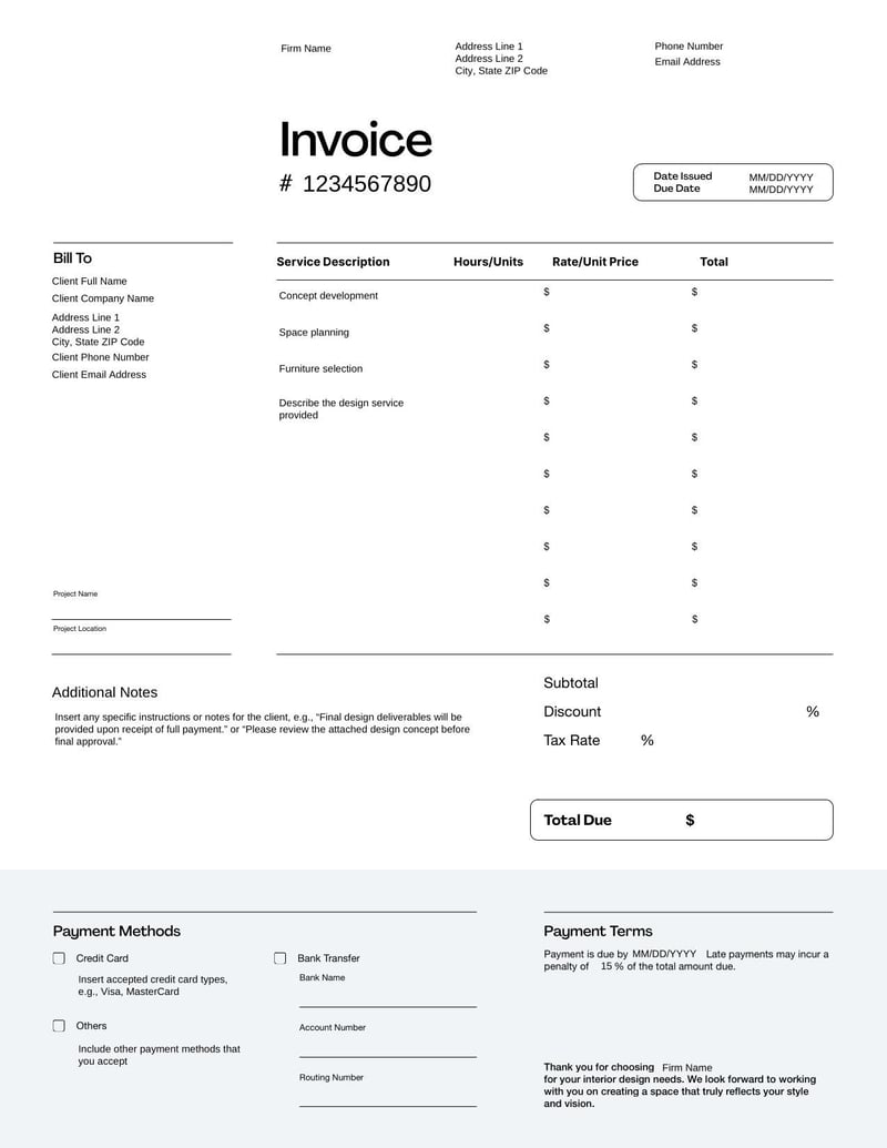 Interior Design Invoice for billing interior design services and related expenses