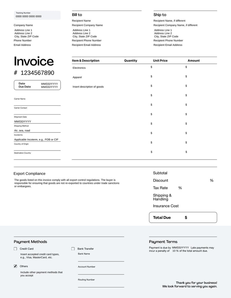 International Shipping Commercial Invoice for documenting exported goods in international trade