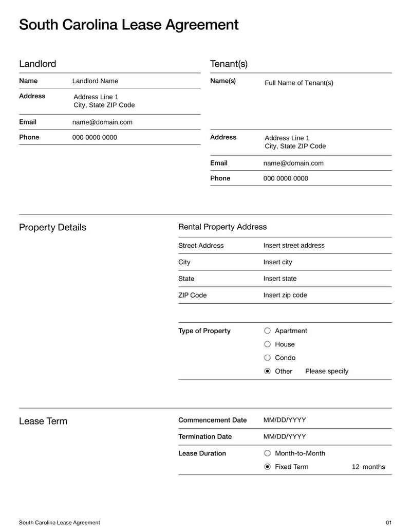 Large thumbnail of South Carolina Lease Agreement Template