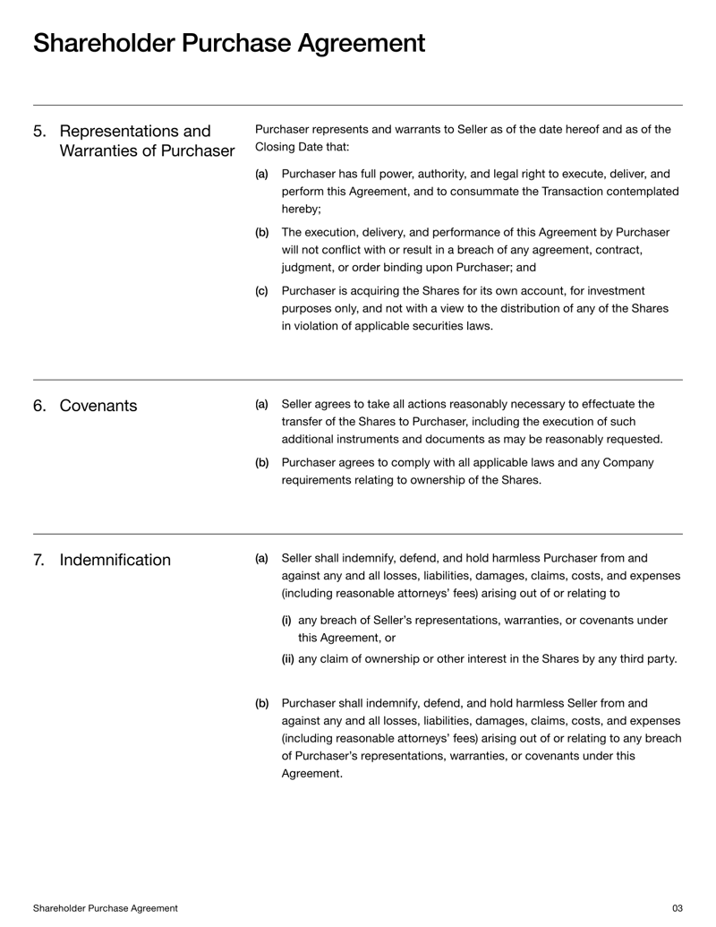 Shareholder Purchase Agreement with sections for share transfer terms, purchase price and dispute resolution