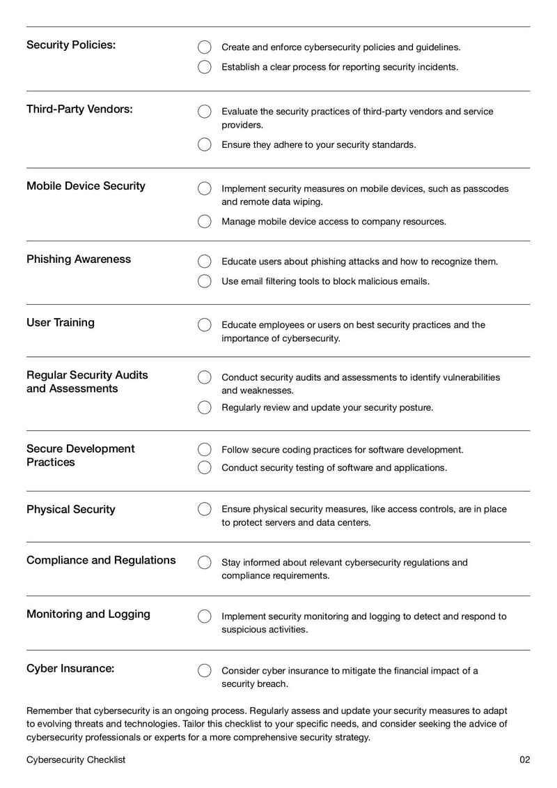 Cybersecurity Checklist covering essential security measures, risk assessments, and best practices for data protection