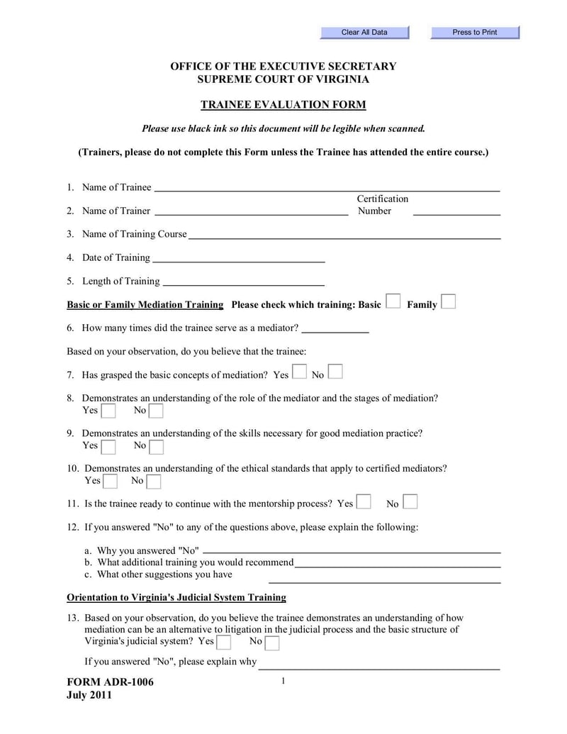 Large thumbnail of Trainee Evaluation Form (Form ADR-1006) - Dec 2011