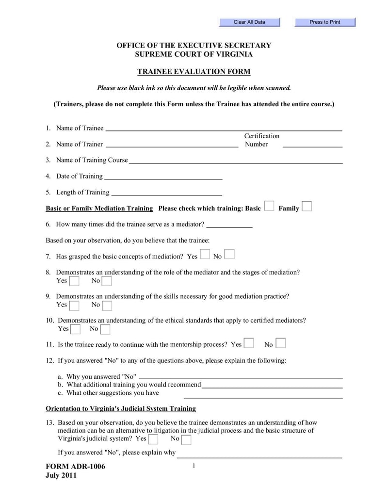 Thumbnail of Trainee Evaluation Form (Form ADR-1006) - Dec 2011 - page 0