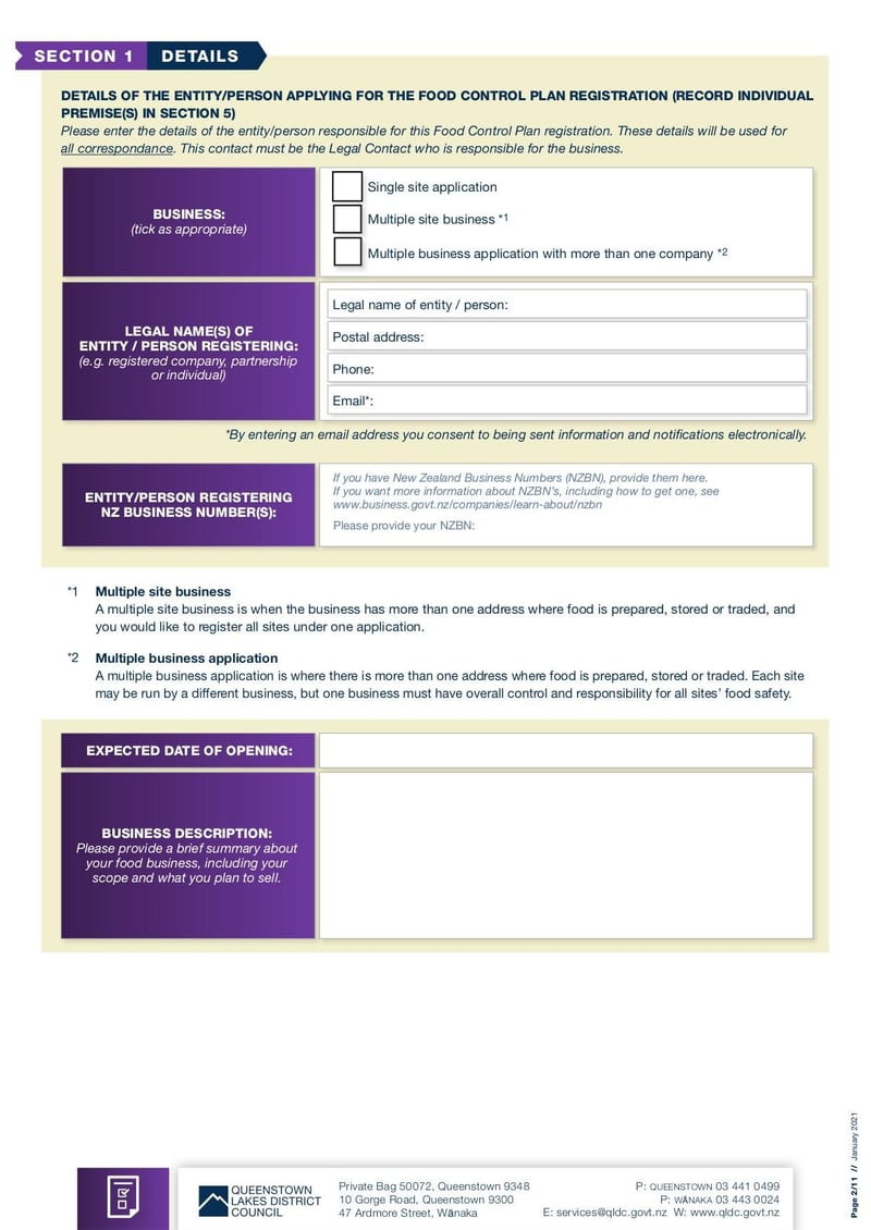Large thumbnail of QLDC Food Control Plan Application Form - Jan 2021