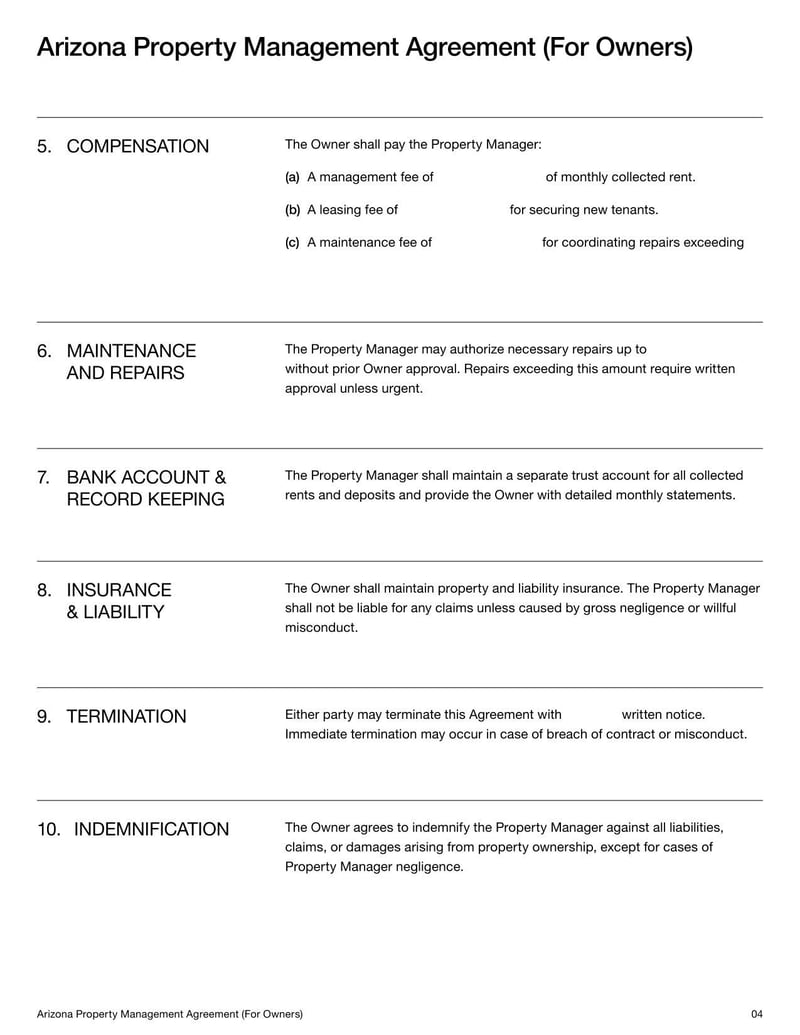 Property Management Agreement for Arizona property owners detailing terms for managing rental properties