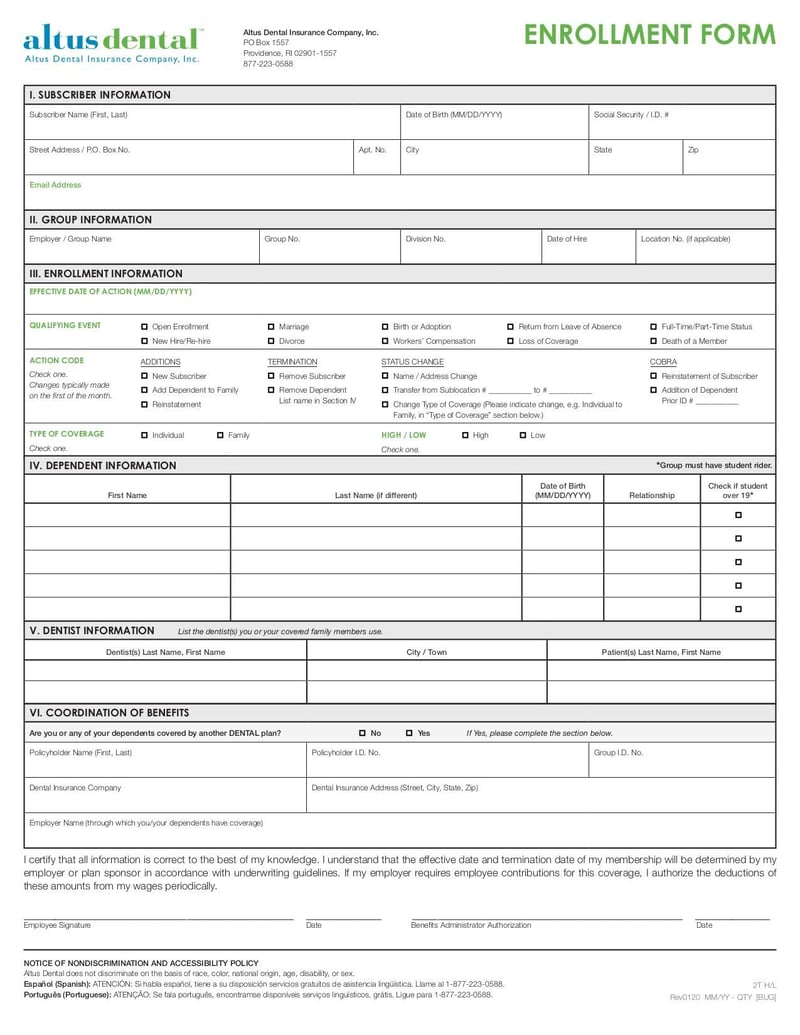 Large thumbnail of Altus Dental Enrollment Form Active - Mar 2022