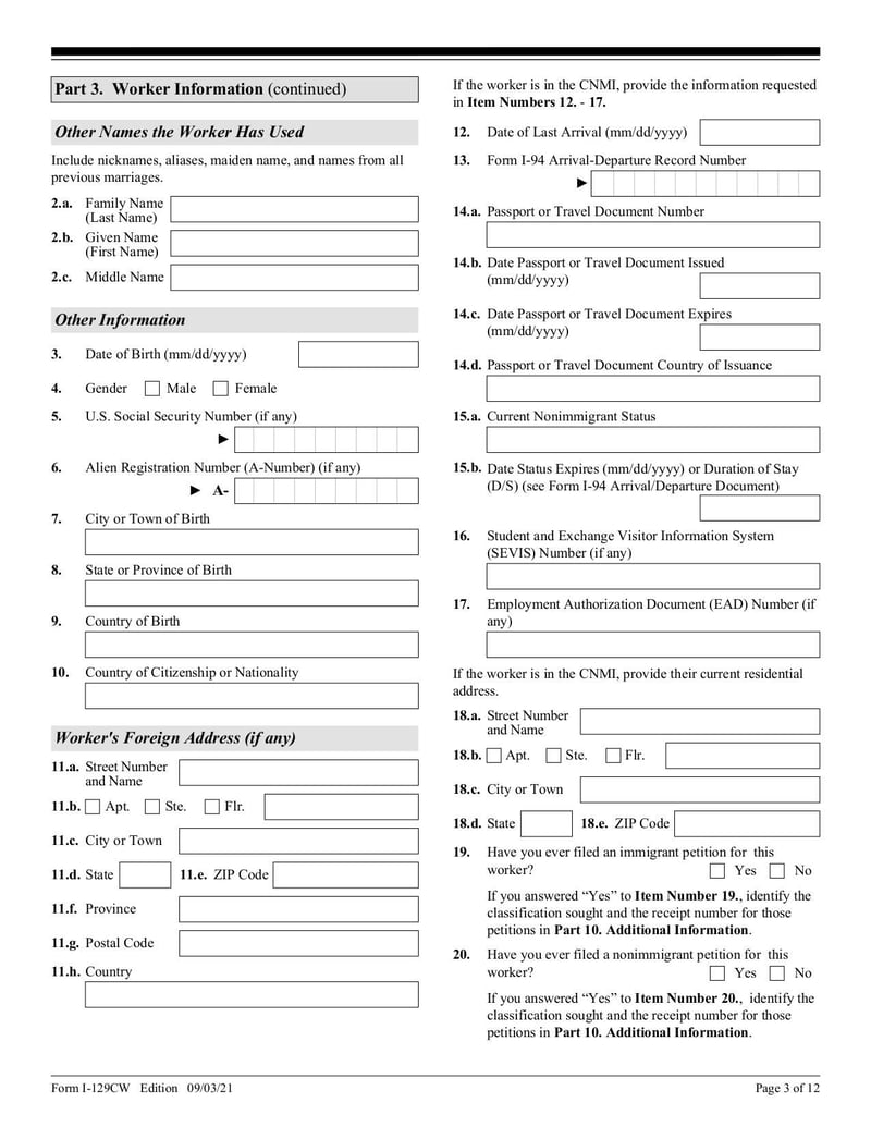 Large thumbnail of Form I-129CW - Sep 2021