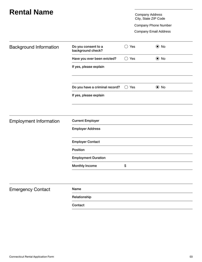 Rental Application Form CT for screening prospective tenants in Connecticut and collecting rental history details