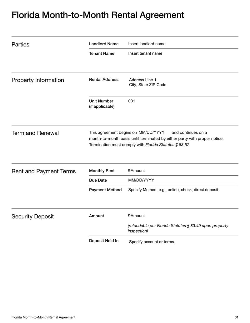 Florida Month-to-Month Rental Agreement for outlining flexible lease terms, rent payments, security deposits, and termination procedures