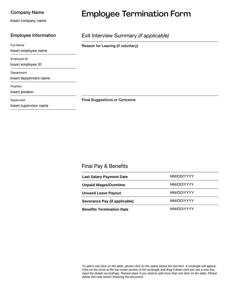 Employee Termination Form documenting details of an employee's separation from the company