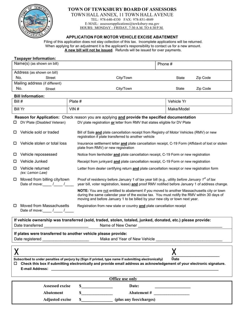 Large thumbnail of Town of Tewksbury Application for Motor Vehicle Excise Abatement