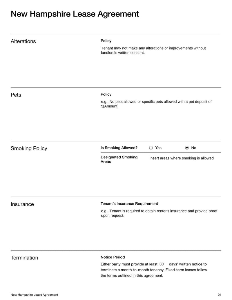 Large thumbnail of New Hampshire Lease Agreement Template