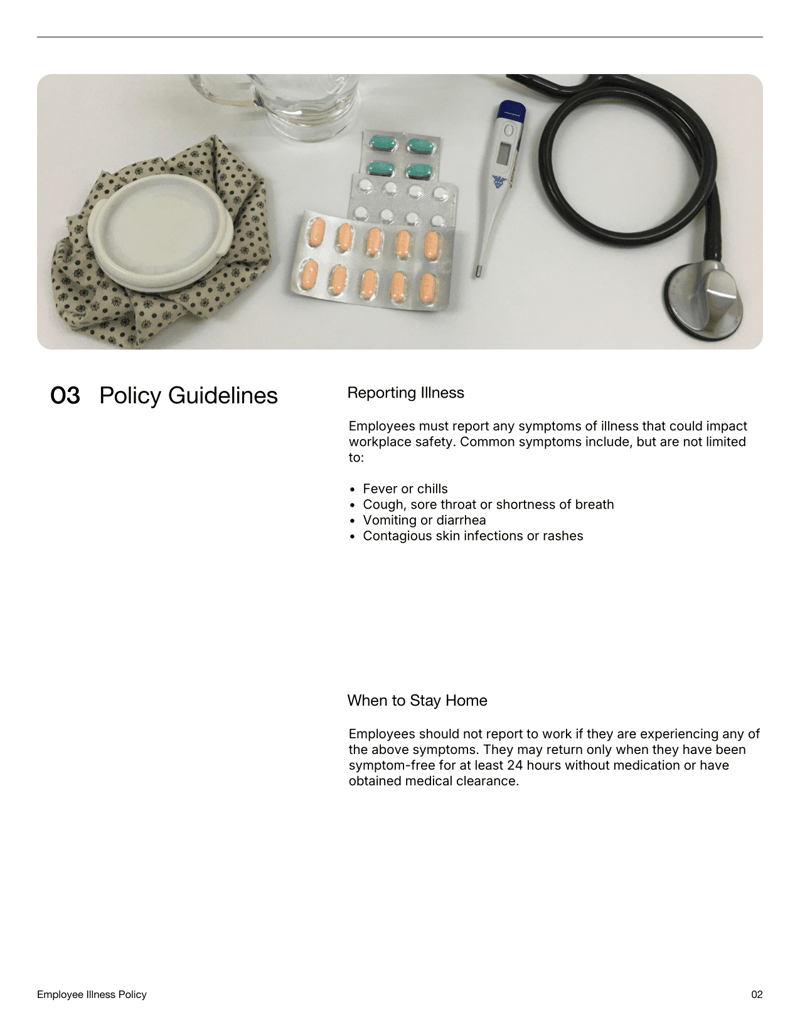 Employee Illness Policy Template outlining workplace safety protocols and sick leave procedures