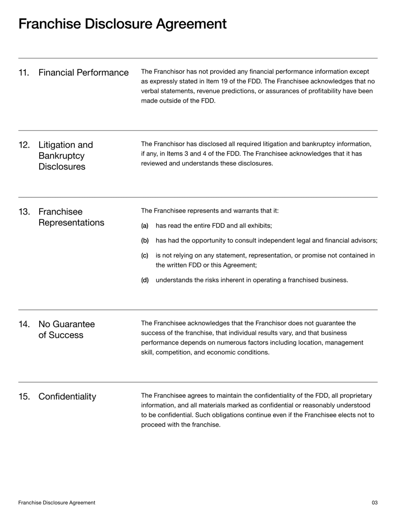 Franchise Disclosure Agreement Template confirming FDD receipt, franchisee acknowledgment, and compliance with FTC franchise rules