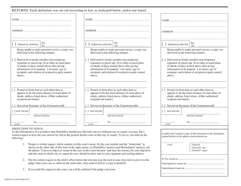 Large thumbnail of Virginia District Court Civil Subpoena Form DC-414 - Dec 2018