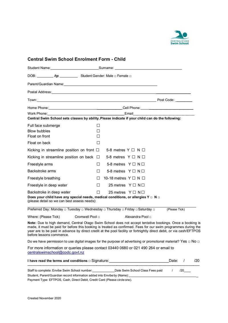Large thumbnail of Swim School Child Enrolment Form NVP - Nov 2020