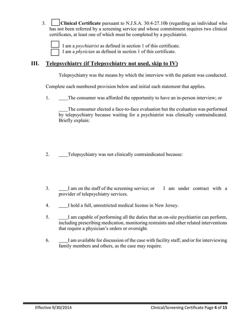 Large thumbnail of New Jersey Clinical Screening Certificate for Involuntary Commitment of Mentally Ill Adults