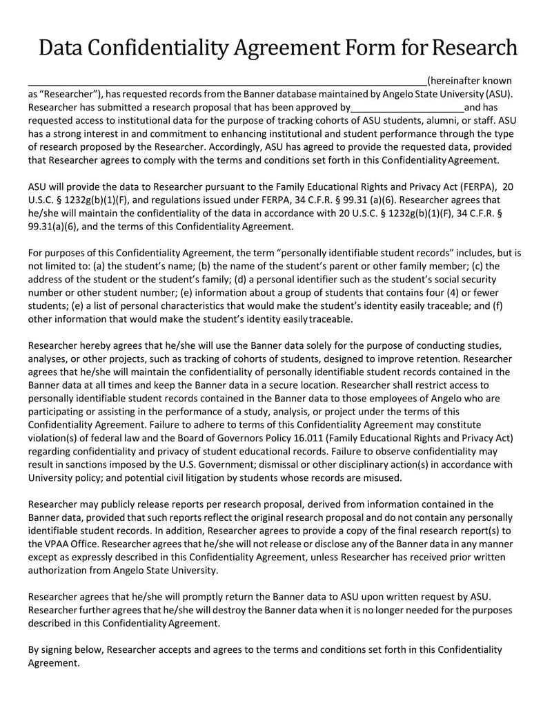 Large thumbnail of Angelo State University Data Confidentiality Agreement Form for Research