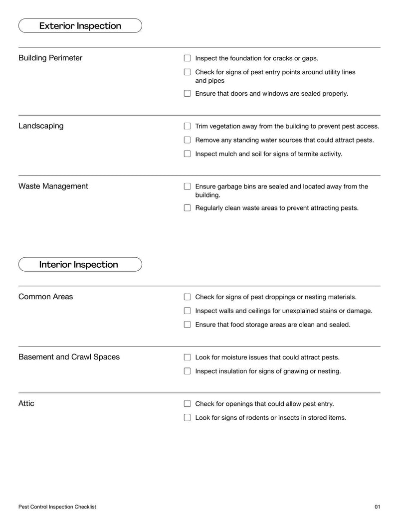 Pest Control Inspection Checklist for identifying and documenting pest issues in a property
