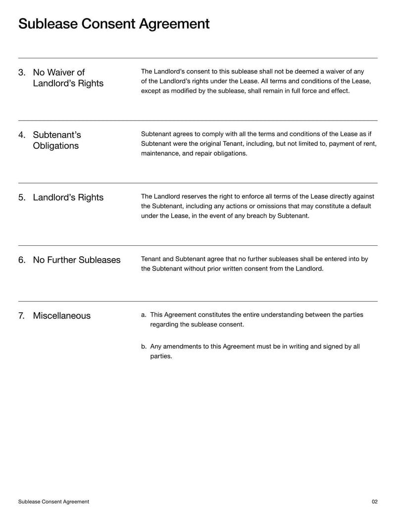 Sublease Consent Agreement for obtaining approval to sublet a rental unit