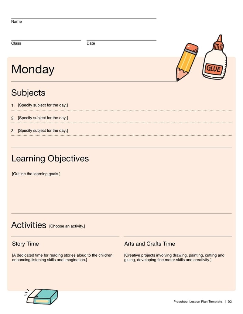 Weekly Preschool Lesson Plan Template for planning weekly lessons tailored to preschool students