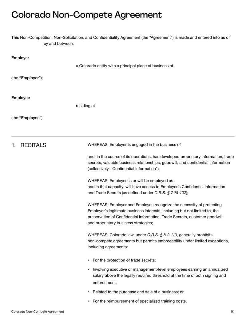 Non-Compete Agreement Colorado for specifying employment restrictions on competitive work within the state’s legal limits