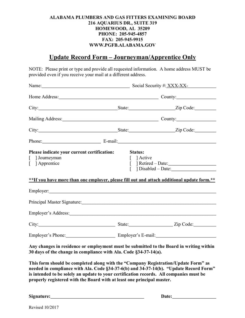 Large thumbnail of Update Record Form – Journeyman/Apprentice Only - Sep 2019