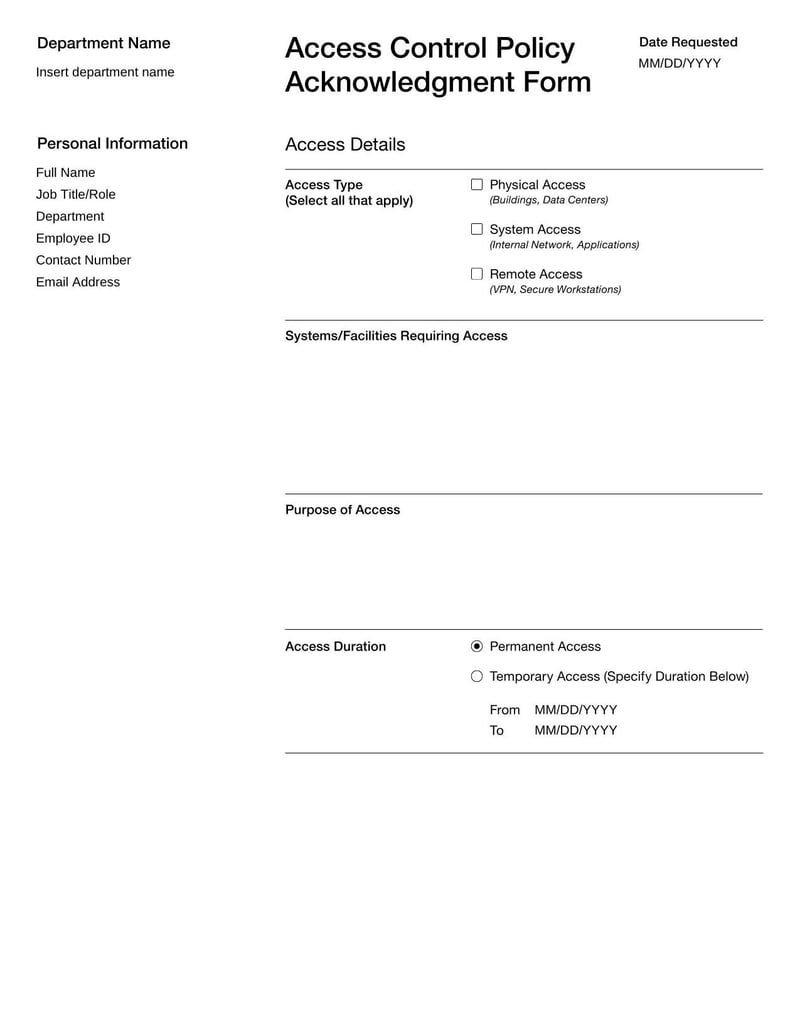 Access Control Policy Acknowledgment Form for confirming access policy review