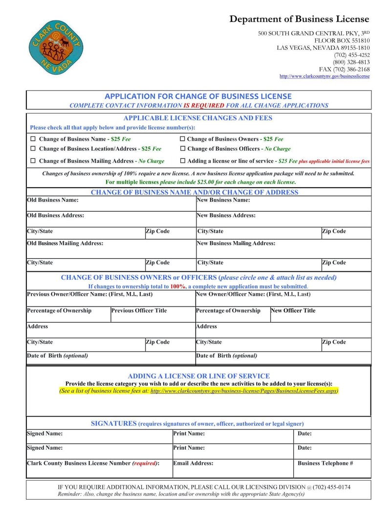 Large thumbnail of Clark County Application for Change of Business License